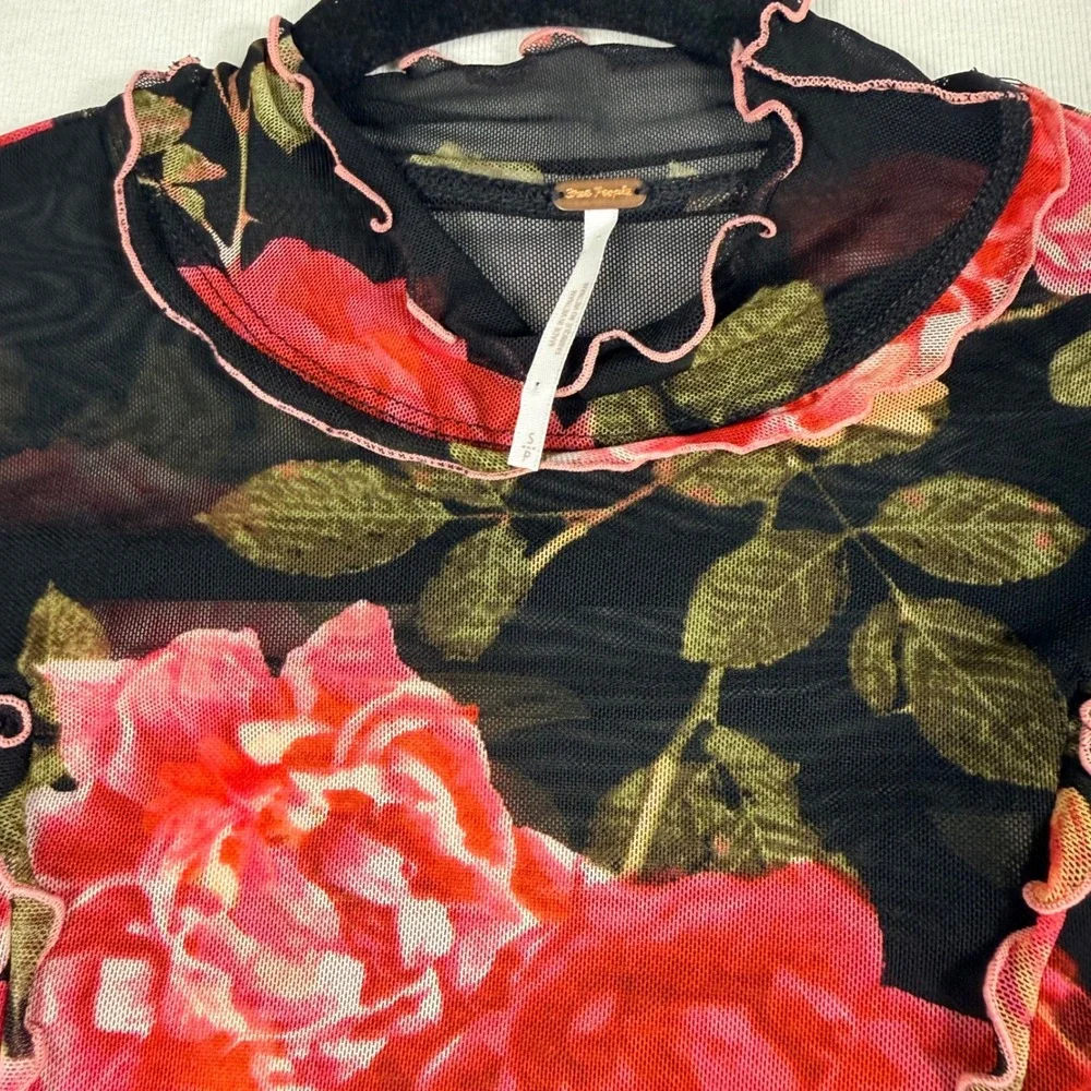 Free People Mesh Top S Black Red Floral Rose Sheer L/sleeve dark romancgoth